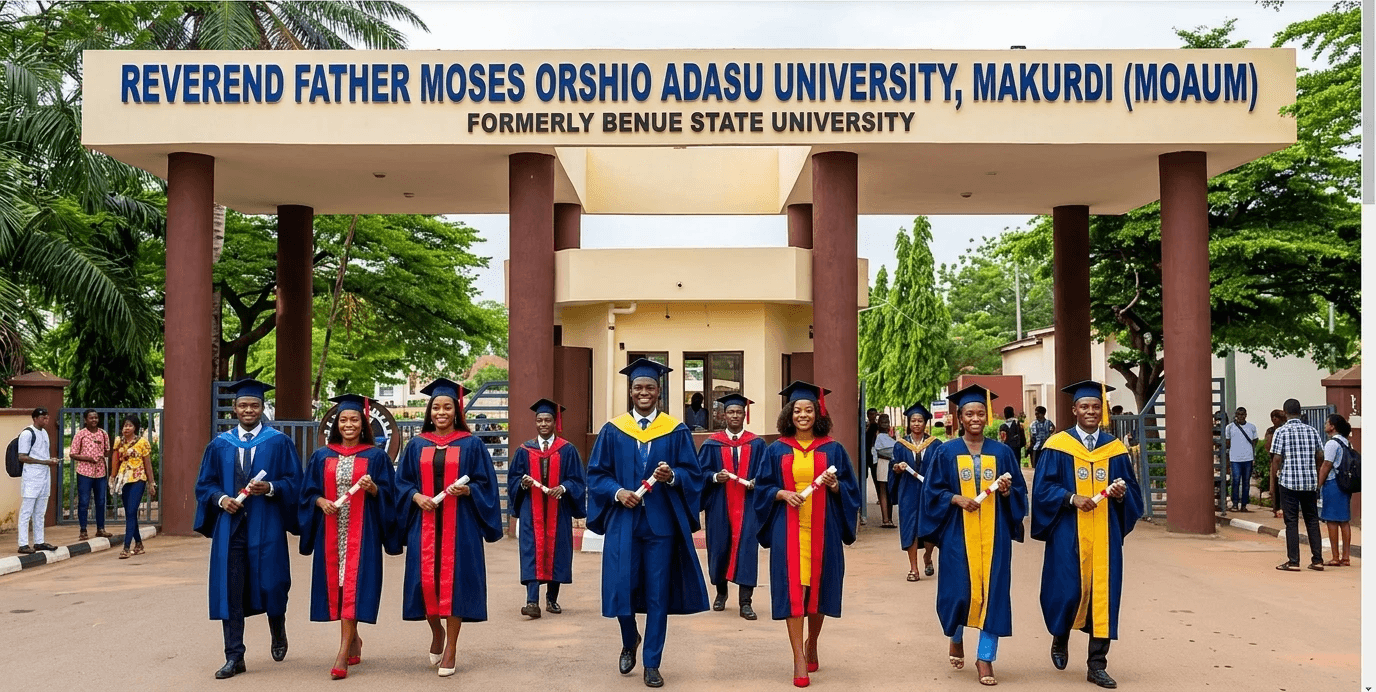 A line of graduates in academic regalia processing through the university's main gate