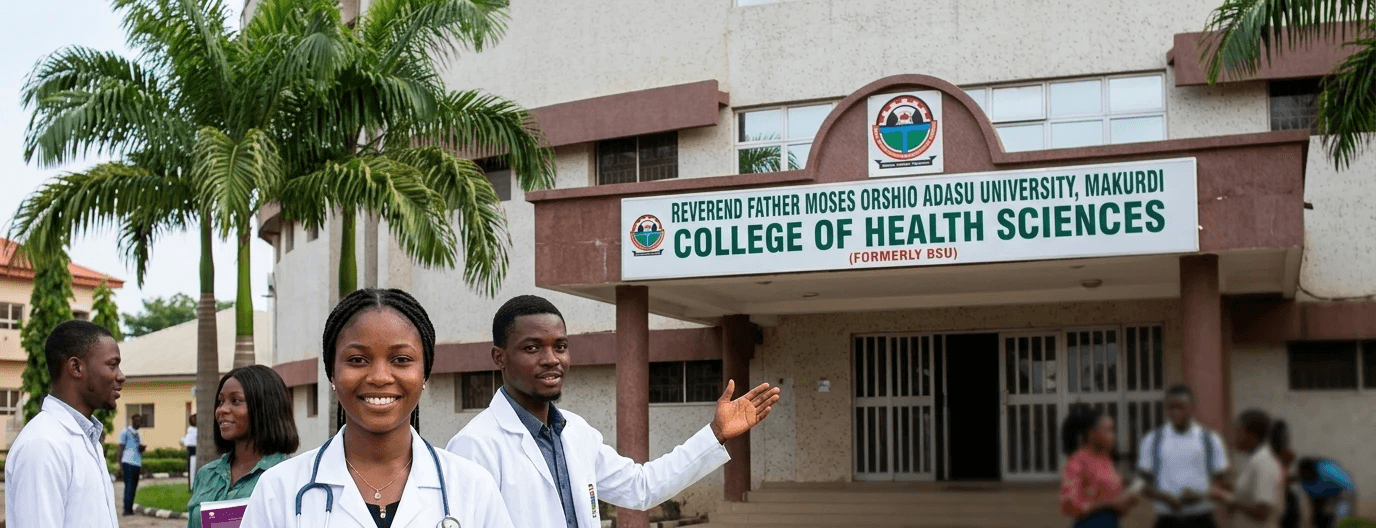 Students in white coats with stethoscopes outside the College of Health Sciences building