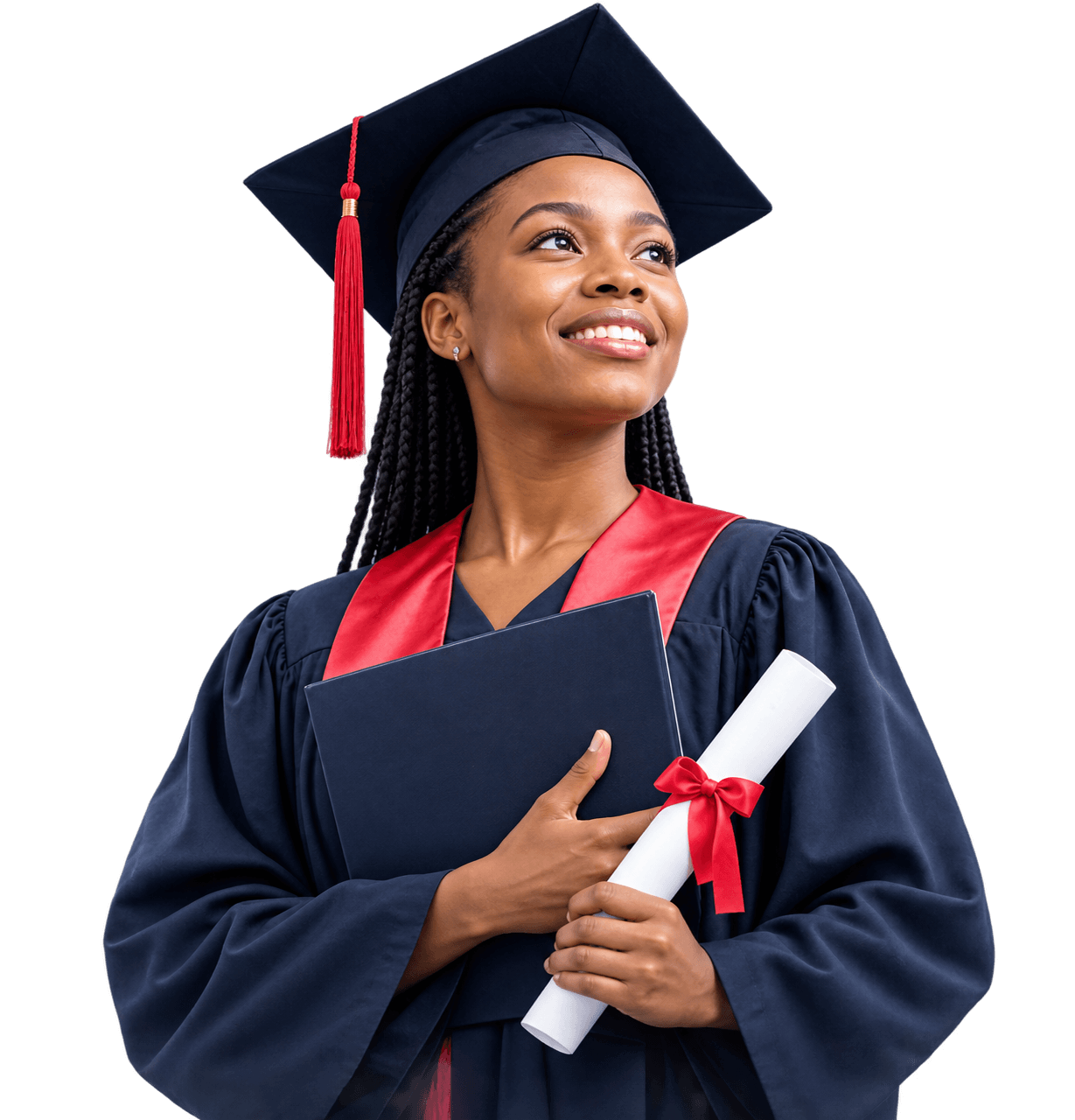 MOAUM graduate in academic regalia, smiling, holding her certificate and diploma scroll