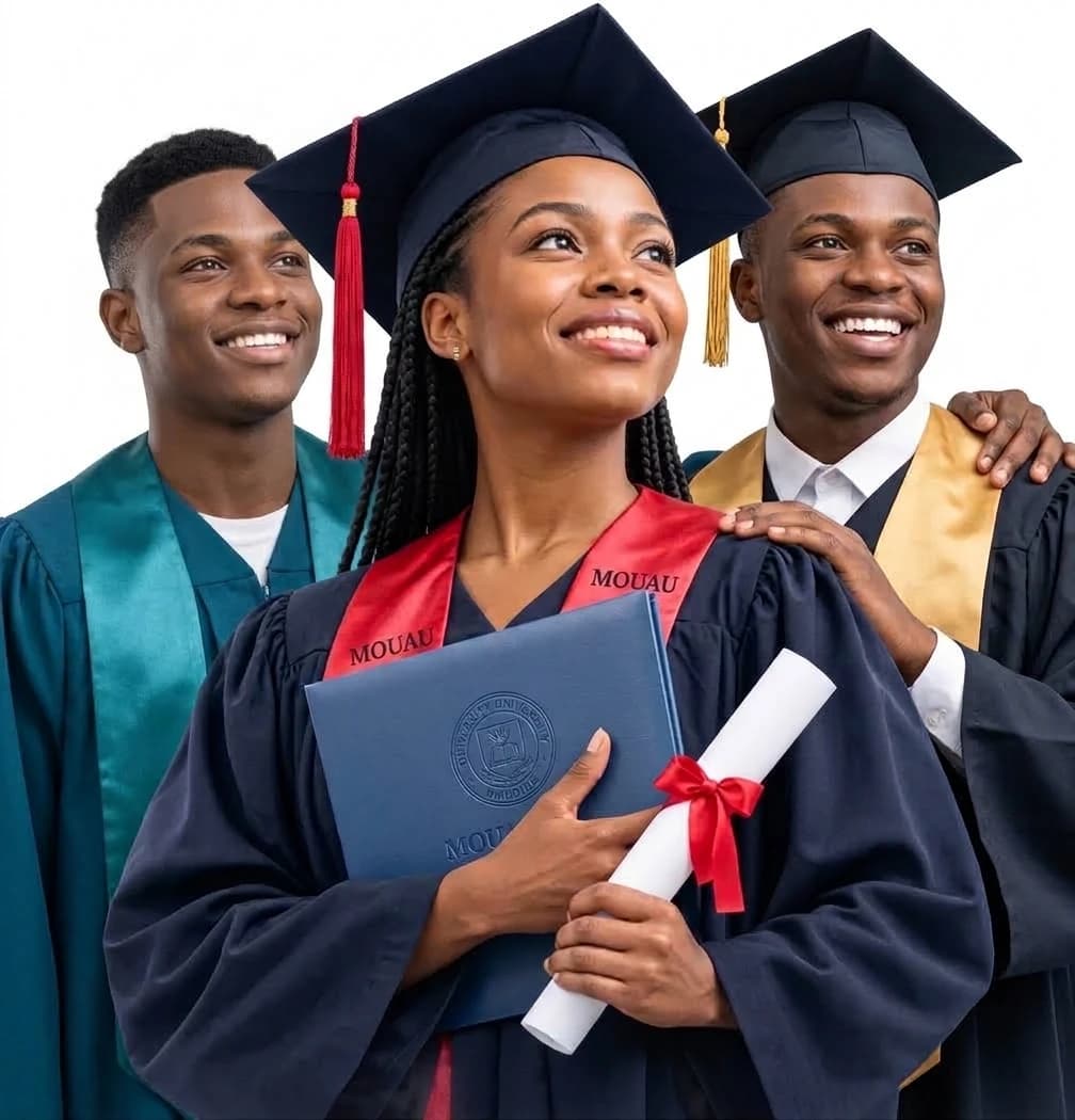Three MOAUM graduates in academic regalia and MOUAU stoles